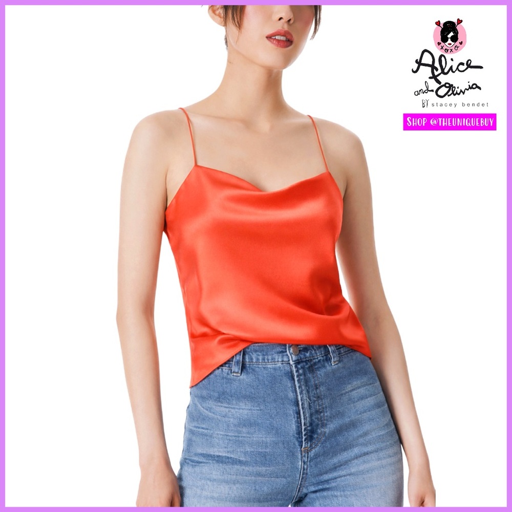 Alice + Olivia Harmon Drapey Slip Bright Coral Orange Tank Top